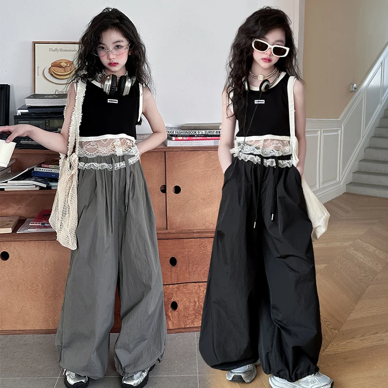 女童工装裤两件套夏款蕾丝花边潮阔腿裤儿童爵士舞表演服背心套装