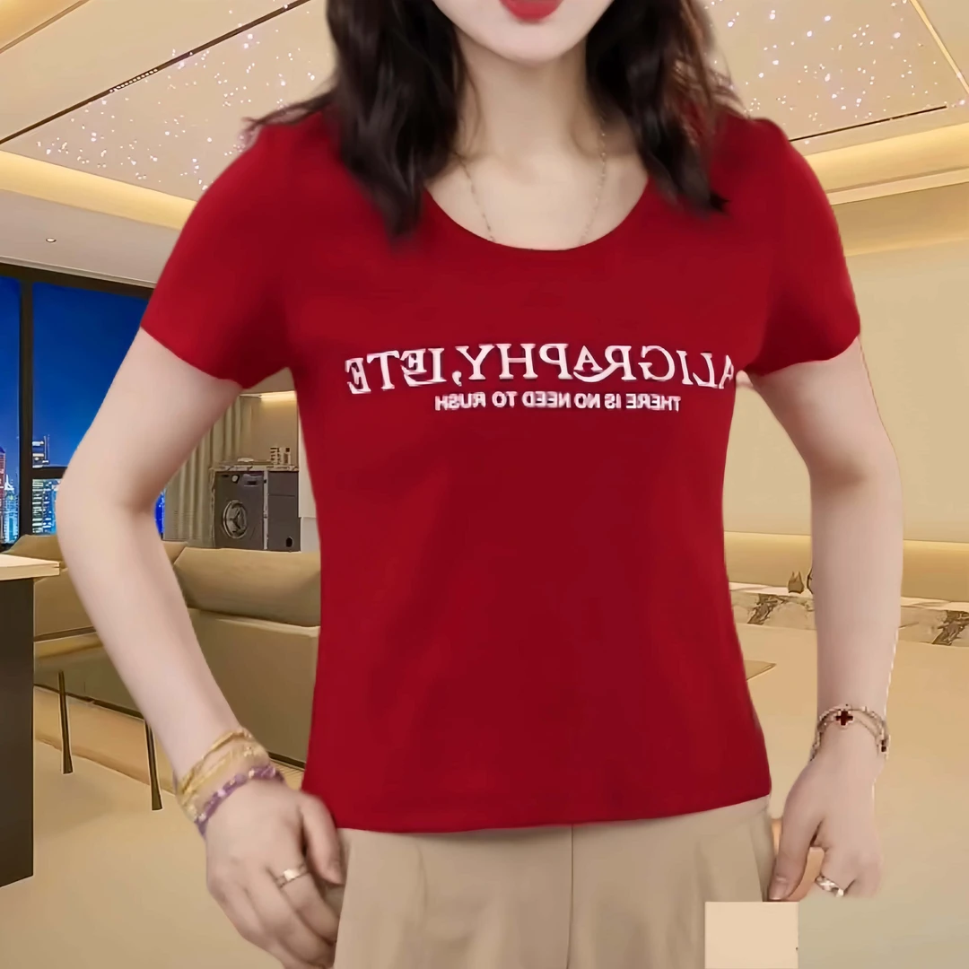 夏季修身印花英文字母女T恤2025新款时尚圆领设计高级休闲上衣
