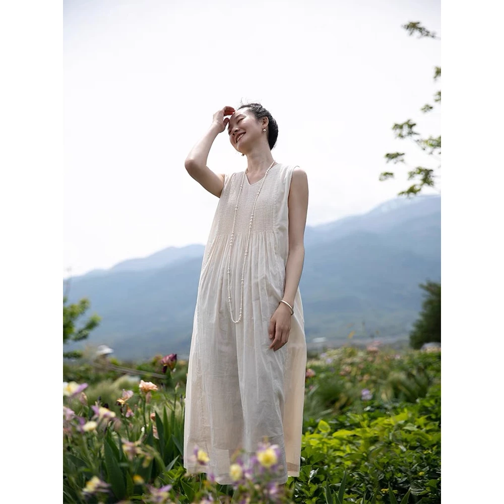 有内衬打条纯色连衣裙复古文艺宽松无袖中长款风琴褶气质裙