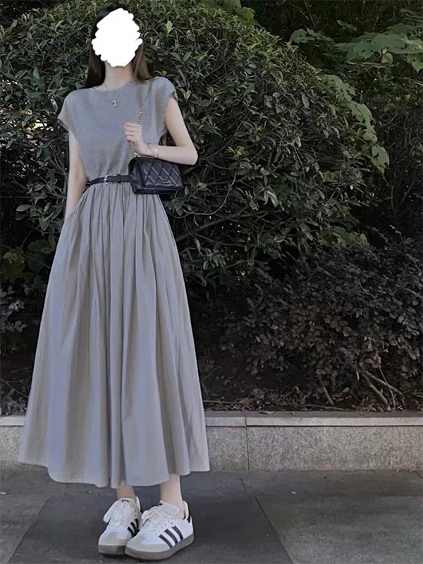 特大码300斤法式高级感灰色长裙女夏季气质减龄名媛收腰a字连衣裙