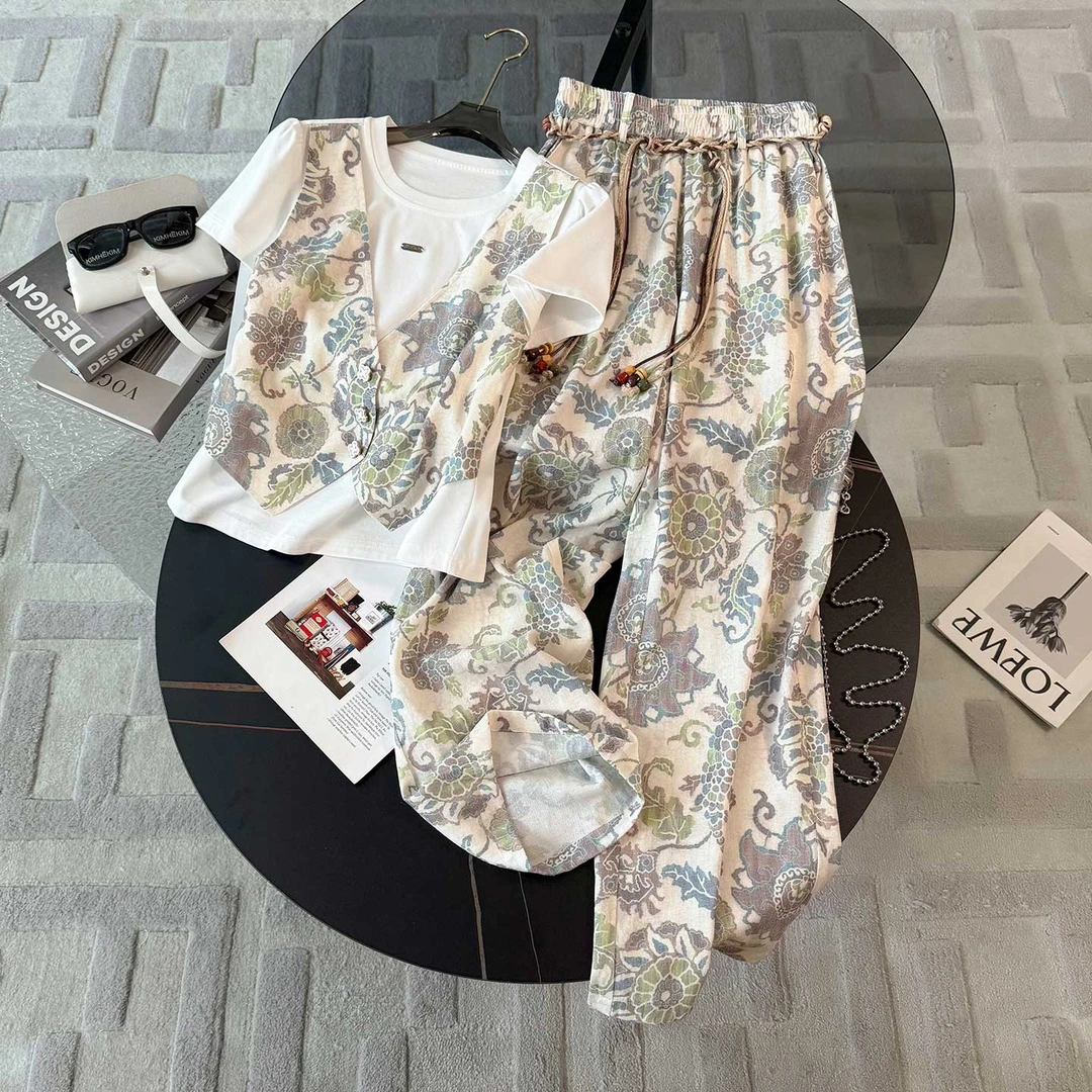 欧韩时尚洋气套装女夏季新款设计感印花马甲假两件上衣长裤两件套