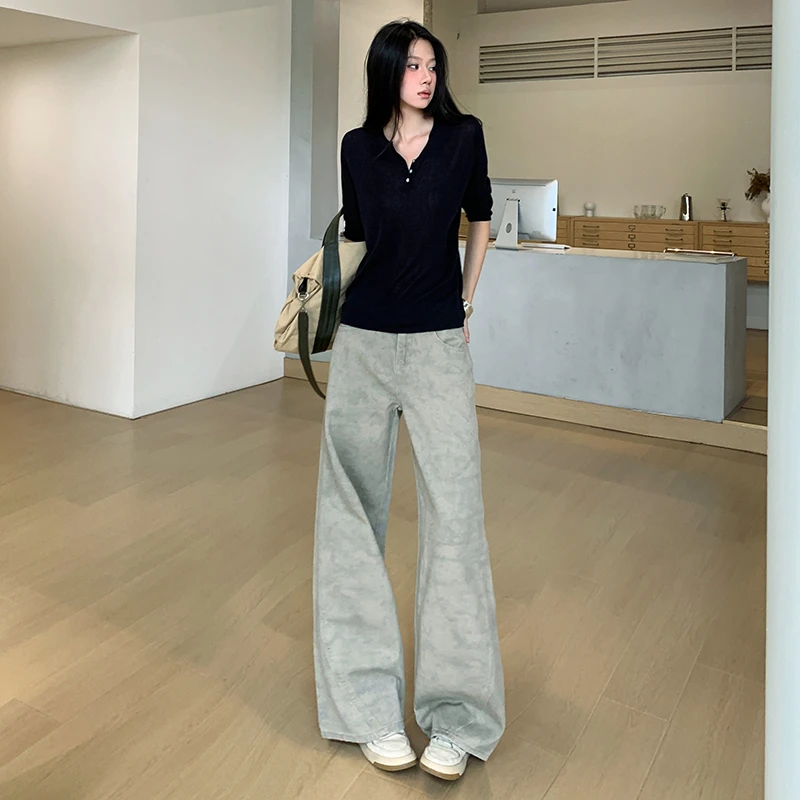 陆笙好小众扎染设计牛仔直筒休闲裤通勤夏季印染薄款高腰长裤蓝色