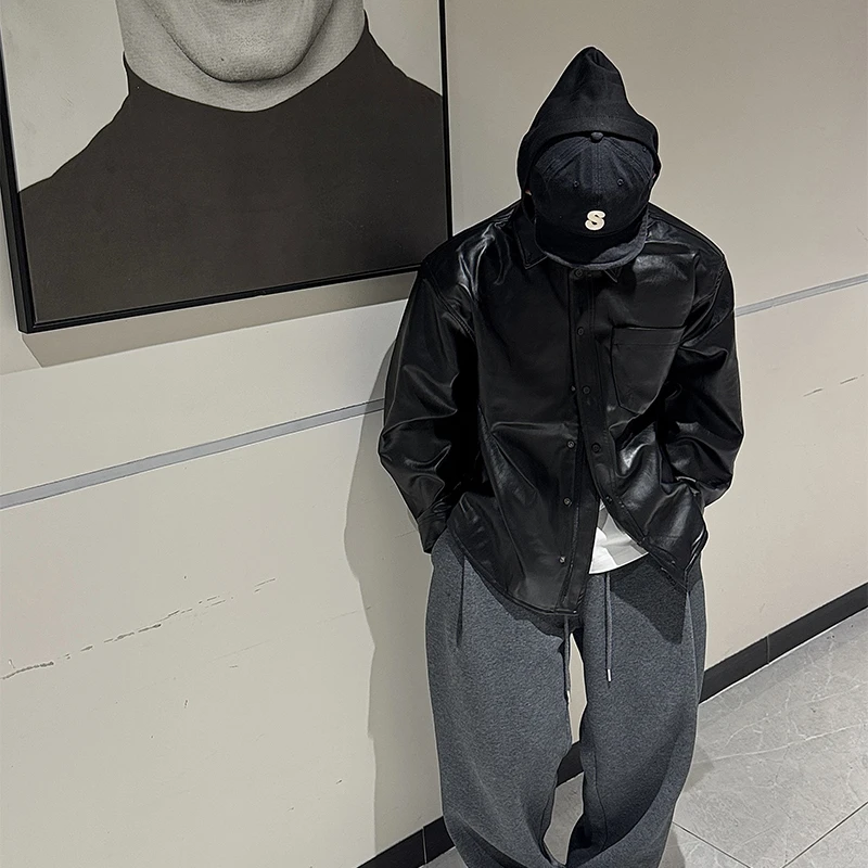 白鹤大人美式皮质夹克个性宽松连帽外套春秋百搭休闲纯色皮衣衬衫