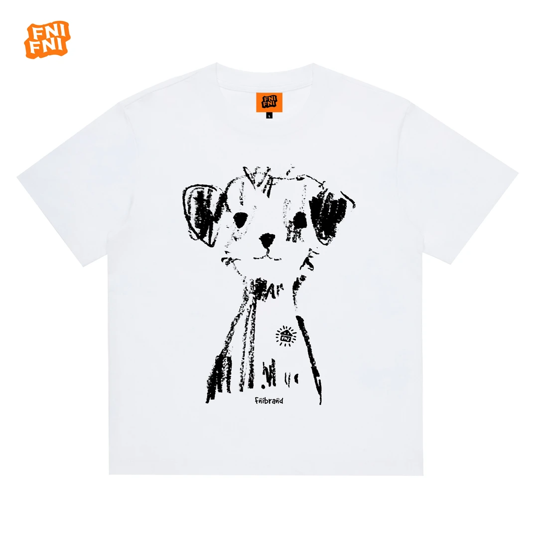 FNIFNI（涂鸦狗）男女同款t恤美式复古纯棉短袖24潮新款白墨