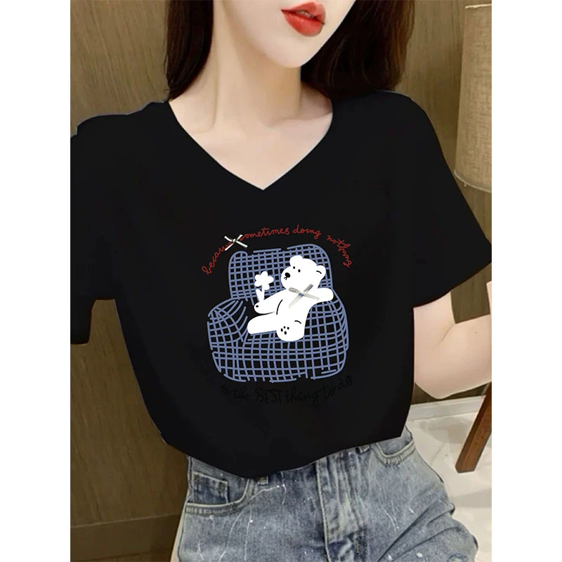 2025新款V领正肩短袖女t恤黑色韩版时尚休闲高级小众不撞款上衣