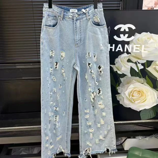 【HAV】  新款时髦百搭中高腰破洞水洗牛仔直筒裤