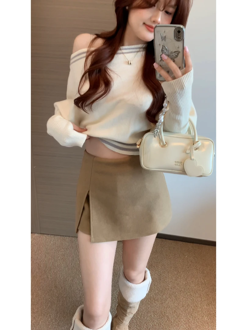 【肉肉】秋冬季加厚复古毛呢半身裙女开叉裙子裙裤百搭显瘦a字短裙