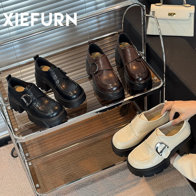 XIEFURN/鞋夫人新款粗跟厚底单鞋2025春软皮小皮鞋百搭圆头乐福鞋