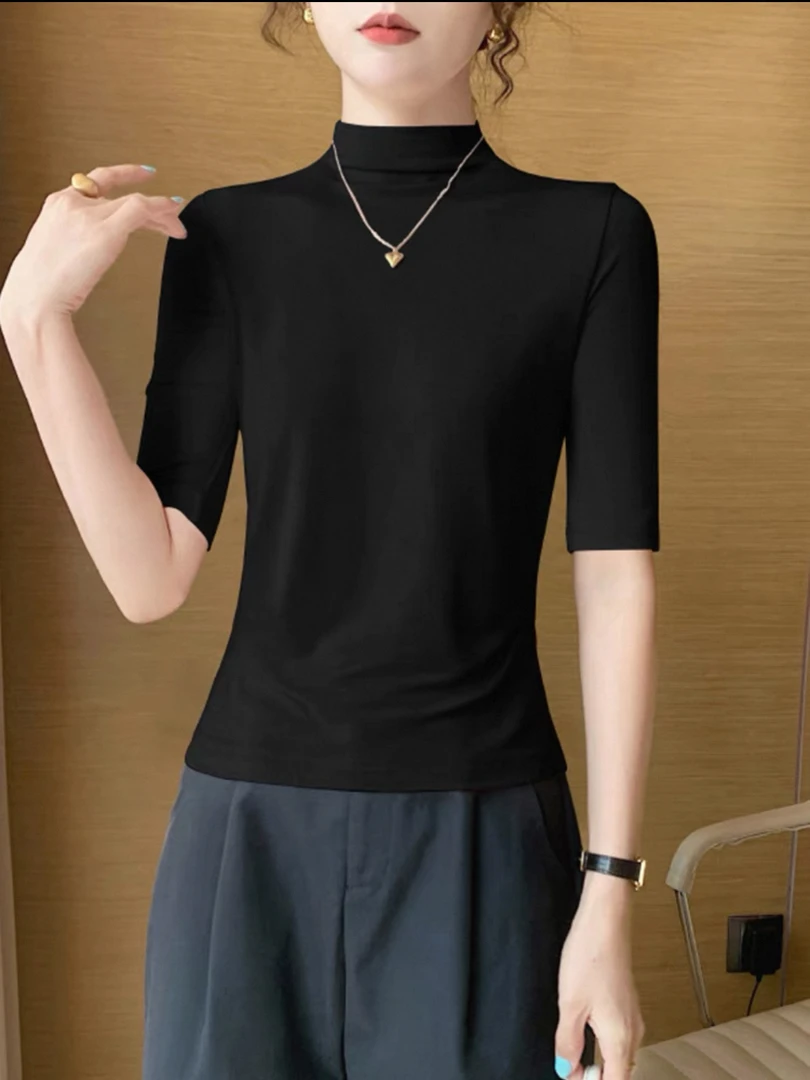 【早秋新款】半高领气质打底衫五分袖别致上衣百搭款