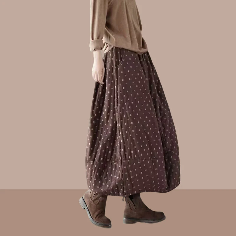 加厚秋冬时尚新款复古洋气亚麻夹棉半身裙松紧腰显瘦裙中长款棉裙