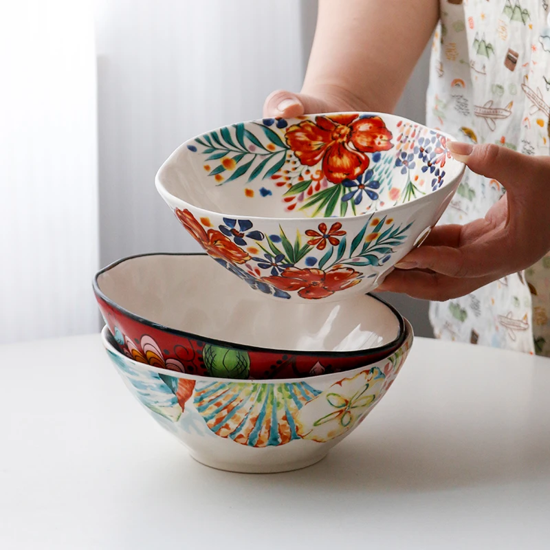 7英寸异形斗笠碗大号面碗创意陶瓷沙拉碗家用汤面碗釉下彩大碗