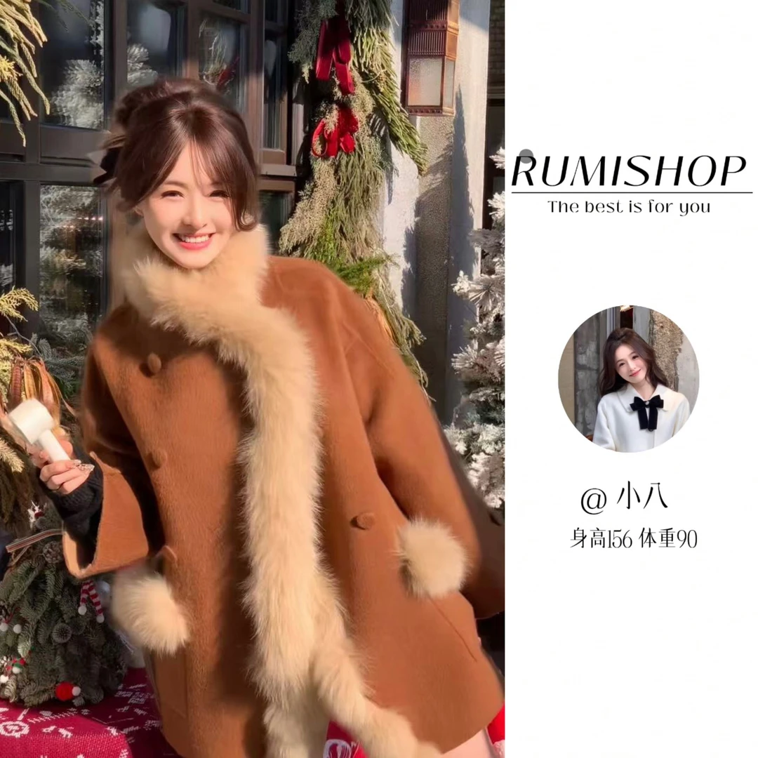2025网红同款千金名媛风秋冬双面羊毛大衣狐狸毛大衣双面呢外套