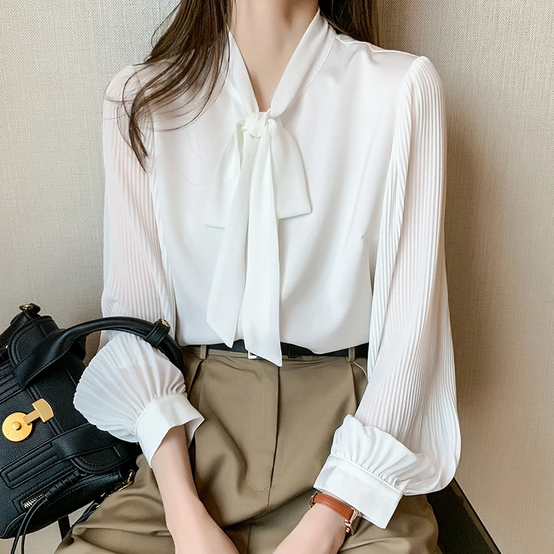 2025秋季新款飘带领蝴蝶结很仙的长袖女士雪纺衫5061