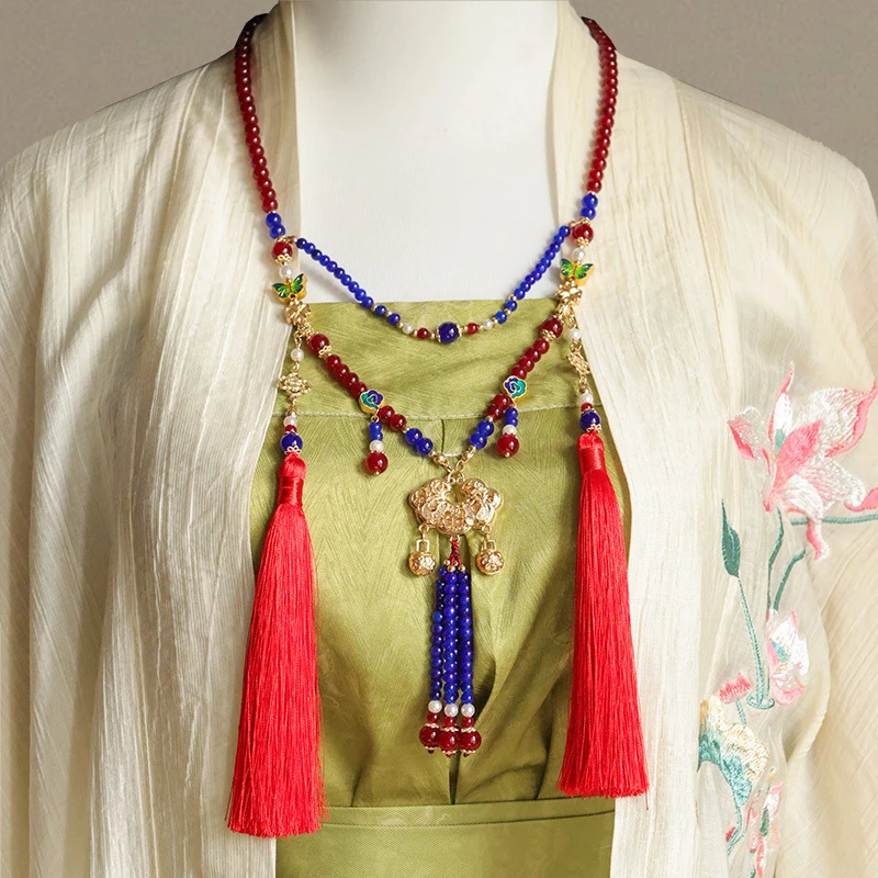 合金仿珍珠吊坠 旗袍汉服璎珞配饰红蓝珠平安锁流苏配饰项饰