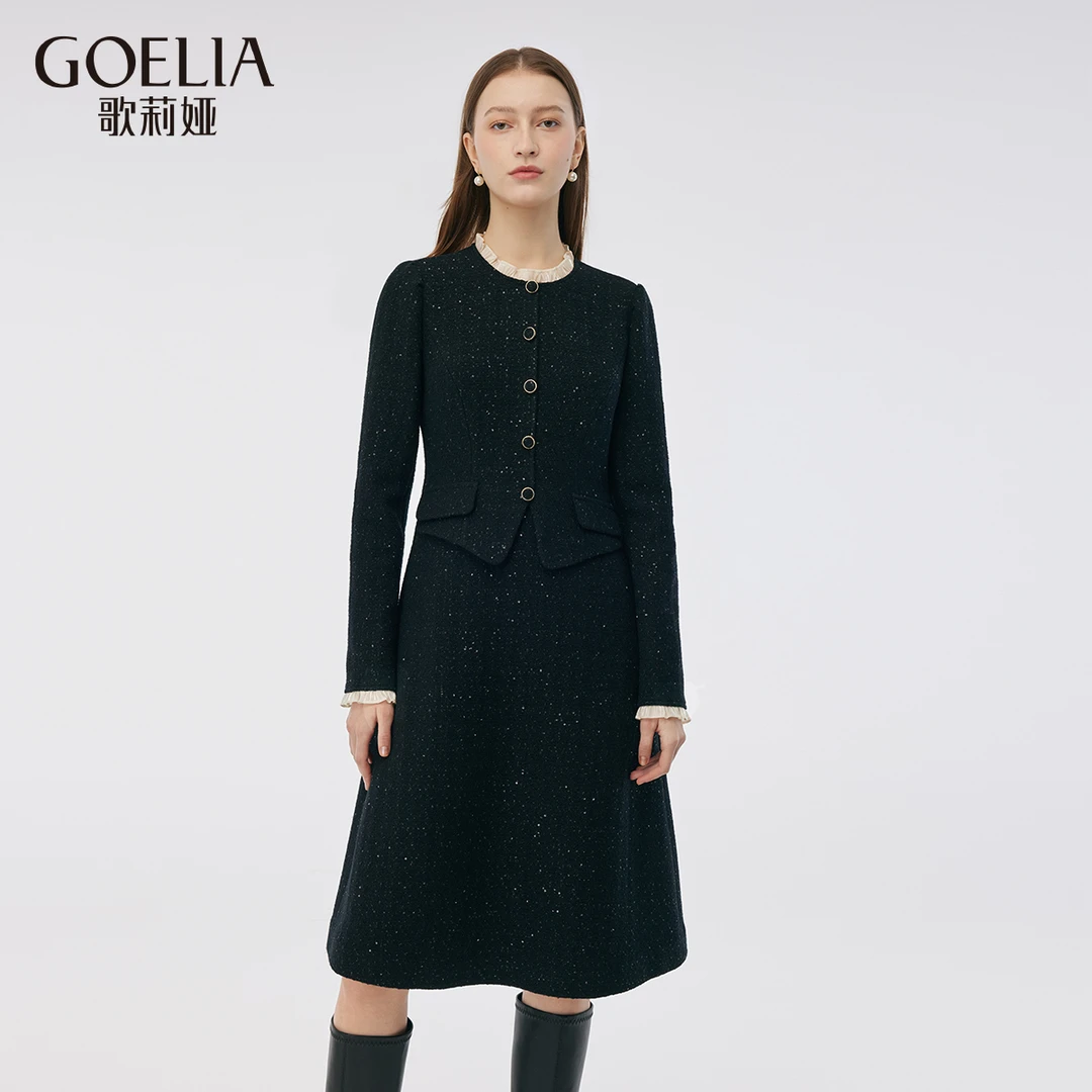 【福利款】歌莉娅冬季绵羊毛小香风荷叶边领长裙黑色优雅1CNL4K790