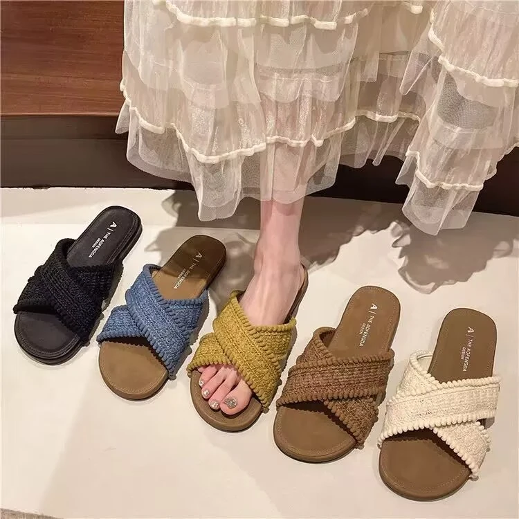 小众法式复古交叉罗马凉拖鞋女夏季仙女风外穿平底时尚网红一字拖