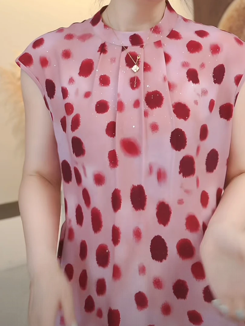 C洋气减龄时尚波点裙2025夏季新款系带收腰显瘦无袖连衣裙