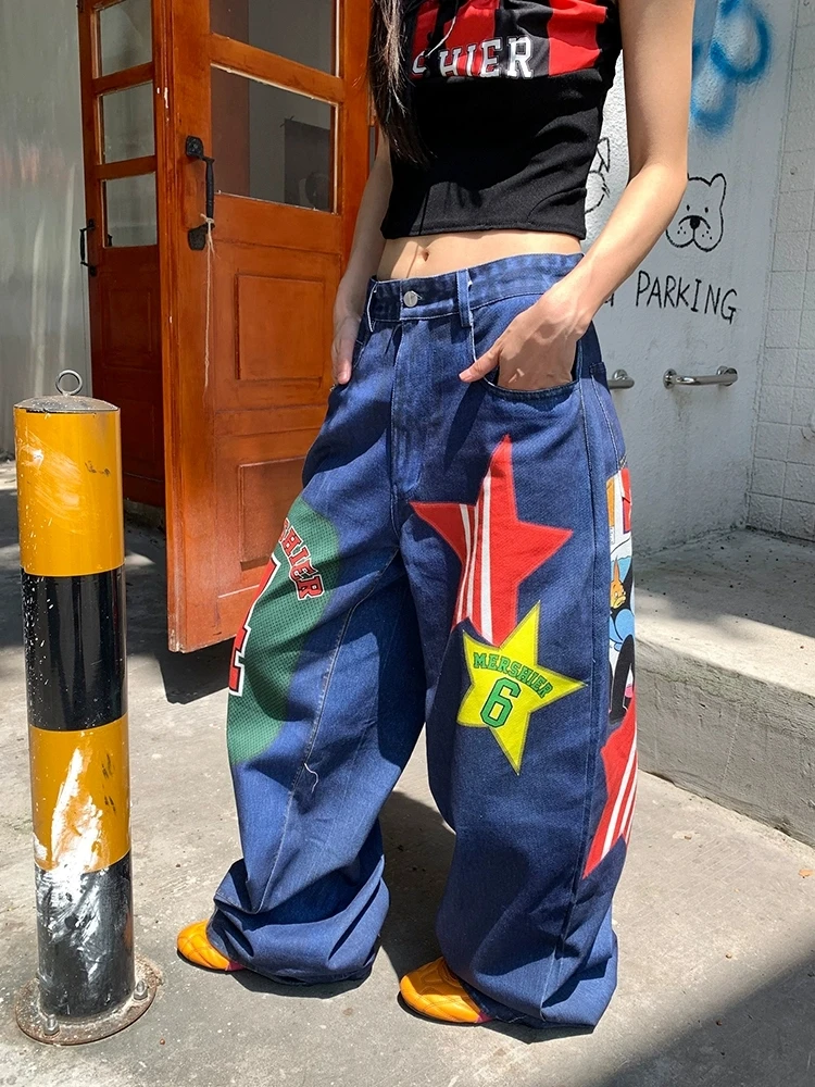 美式设计感星星数字印花阔腿牛仔裤女宽松潮流嘻哈街舞百搭长裤子