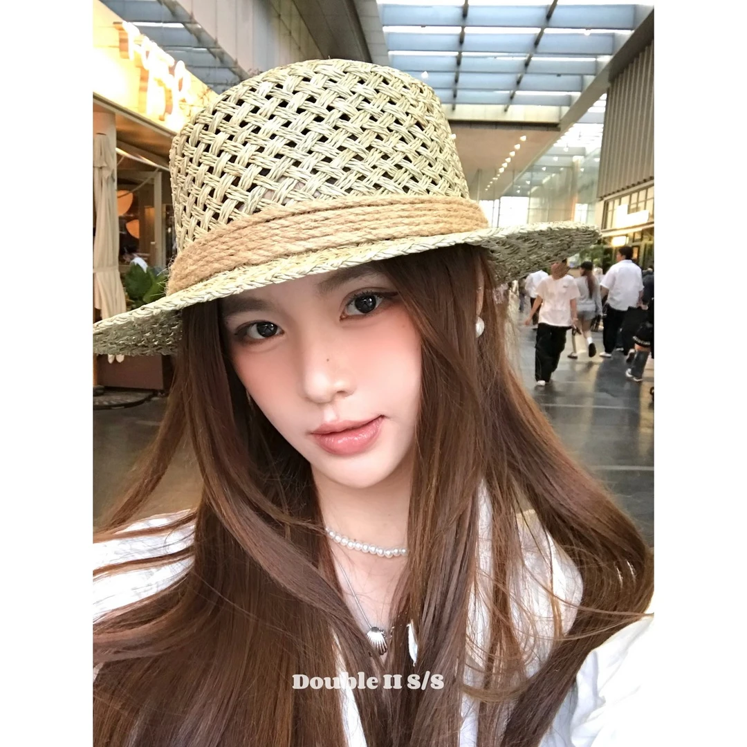 double i i 天然咸草田园风镂空编织草帽女夏遮阳防晒海滩礼帽
