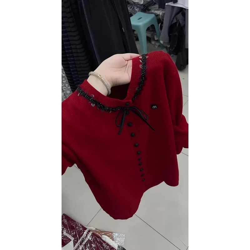 新年红洋气时尚针织开衫秋冬流行穿搭一套新款2025设计感长袖毛衣