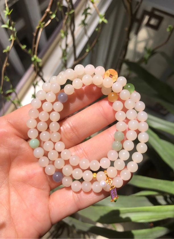 天然和田玉藕粉手链淡肉粉6mm三圈手链项链轻奢百搭气质简约女款