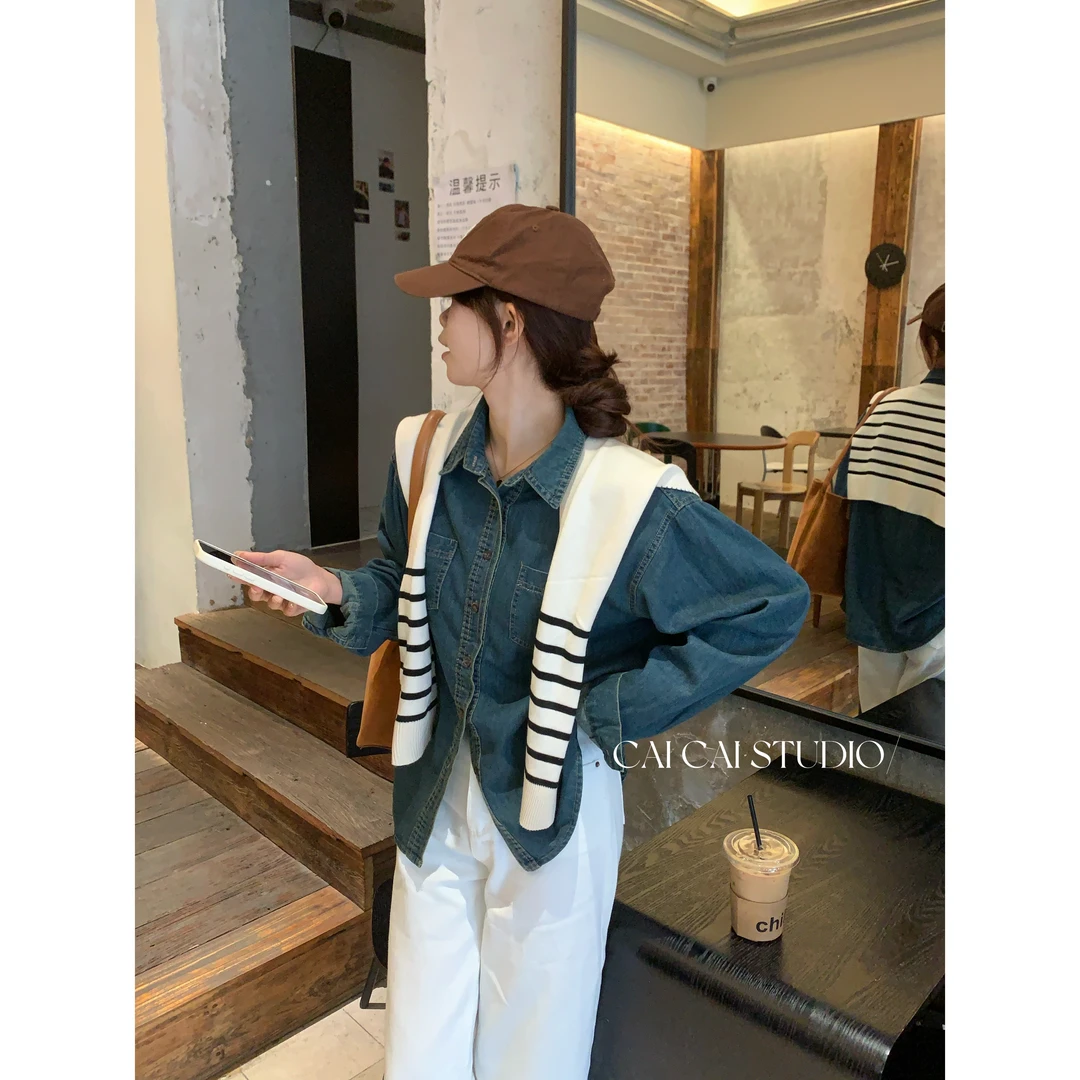 【C·Cai】复古港风蓝色牛仔衬衫1002#长袖设计感叠穿衬衣（不含披肩）