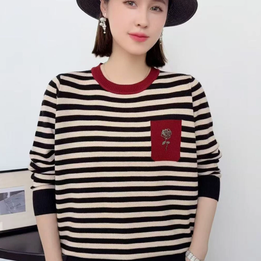 秋季女士条纹时尚百搭套头显瘦圆领针织羊毛衫
