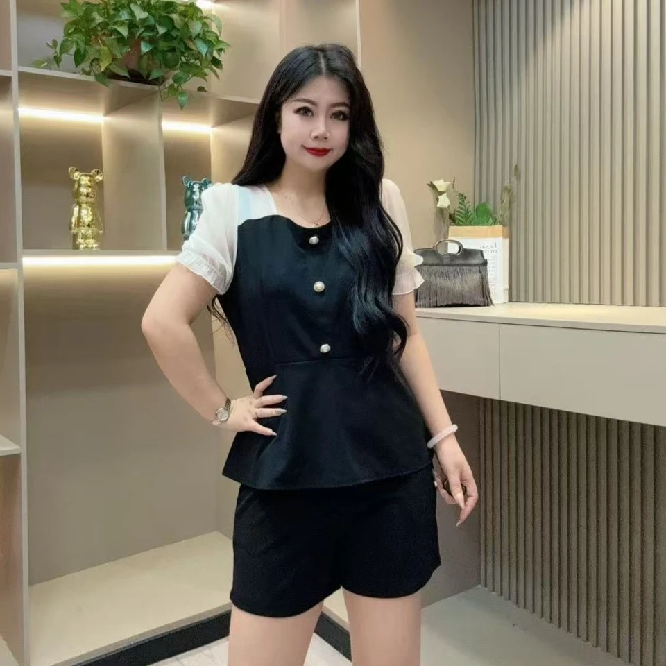 夏季套装-鸿 9831时尚潮流拼接休闲纽扣显瘦款胖MM大码女装新款
