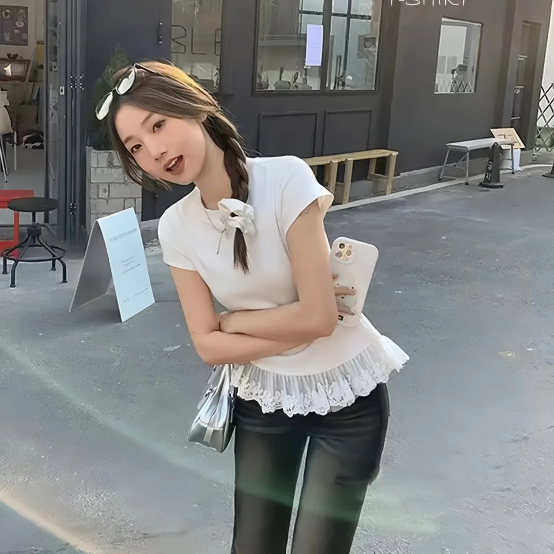 2025早春新款纯欲蕾丝打底芭蕾风夏季短袖T恤内搭打底衫白色上衣