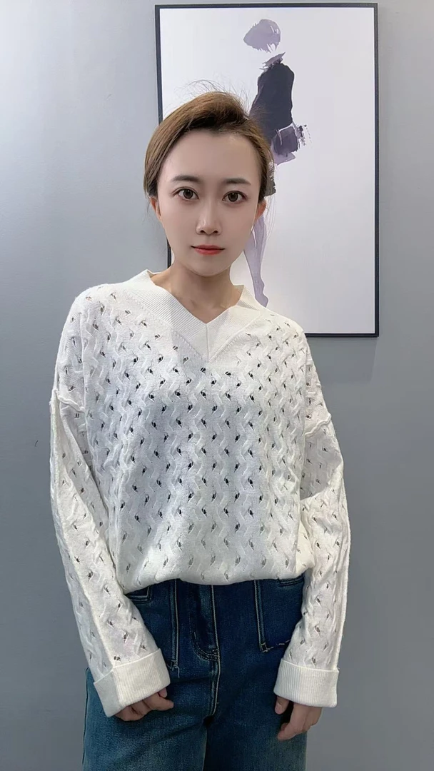 V领针织宽松型常规毛针织衫蕾丝毛衣长袖镂空