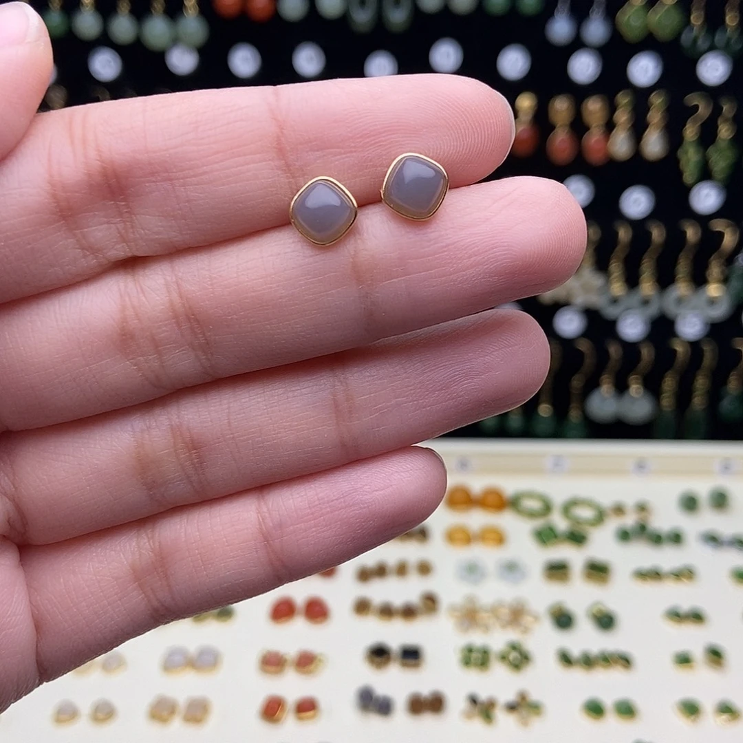 和田玉银S925镀金镶嵌耳饰