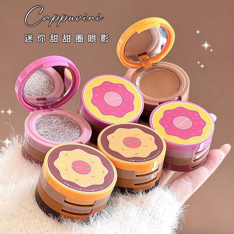 迷你甜甜圈淡妆眼影盘三层细闪眼影盘哑光修容带镜子鼻侧影