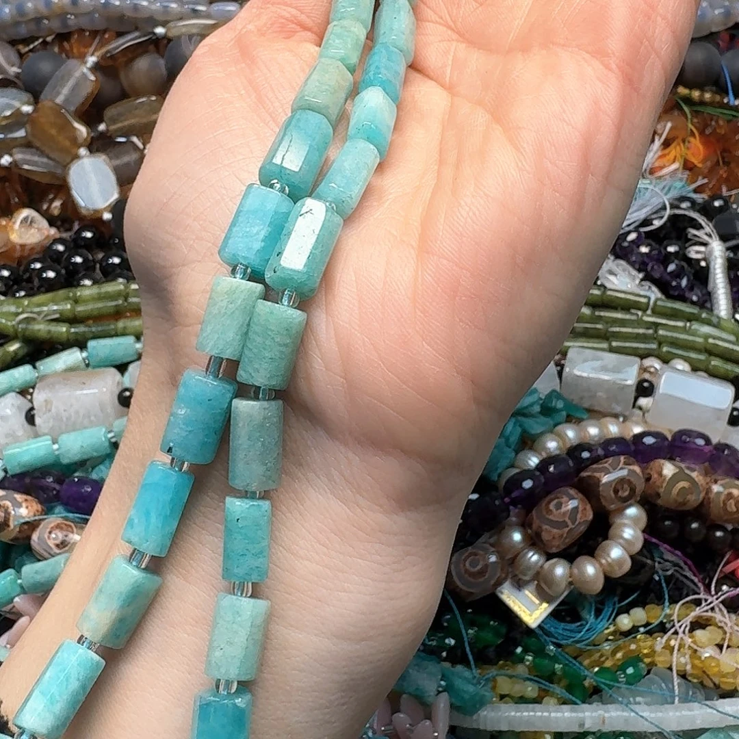 玛瑙/玉髓合金珠宝半成品一条7x12mm天河石桶珠