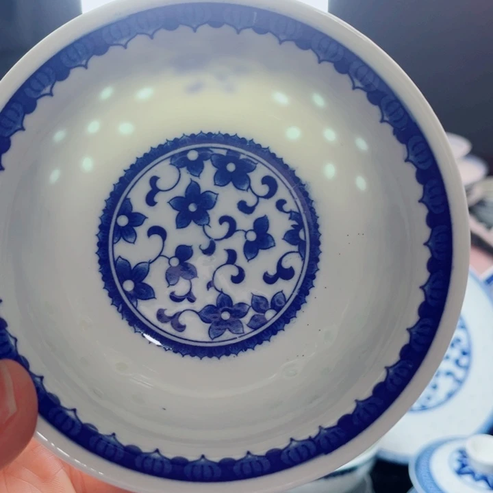 碗青花玲珑5寸饭碗紫荆花小花