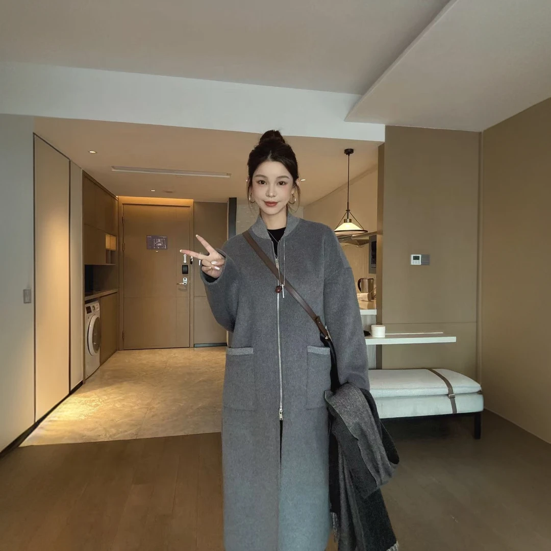 【霖依】长款简约纯色时尚百搭羊毛棒球服5525
