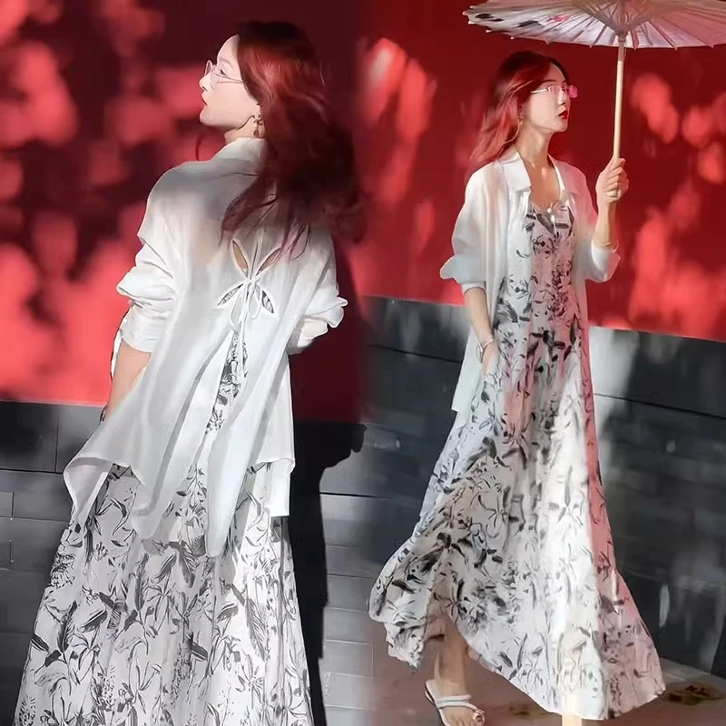 拉夏贝尔时尚气质套装裙女夏季2025新款薄款防晒衬衫吊带裙两件套