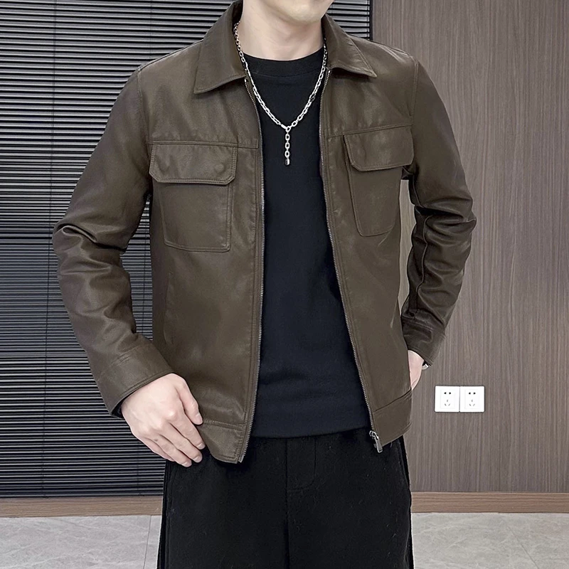 男士秋季新款机车短款翻领夹克高级感男装潮流痞帅修身皮衣外套男