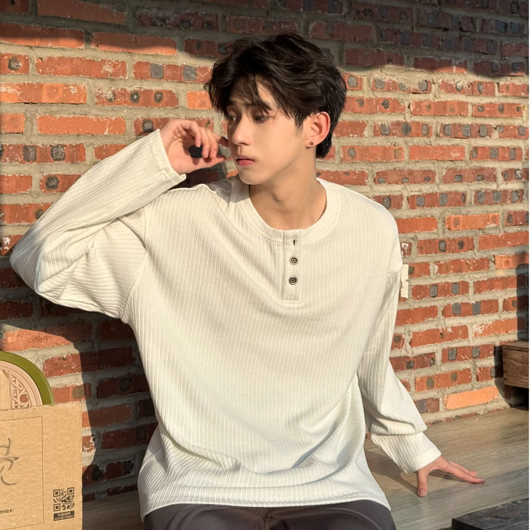 BEESTRONG 老钱风肌理提花亨利领显型长袖古银麦穗扣针织打底衫