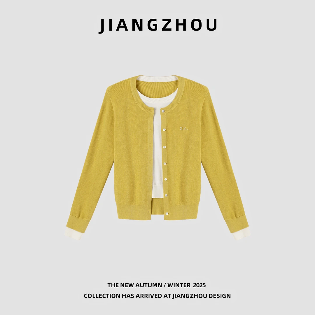 江洲【月桂】秋季新款假两件撞色针织开衫设计感减龄长袖毛衣外套女