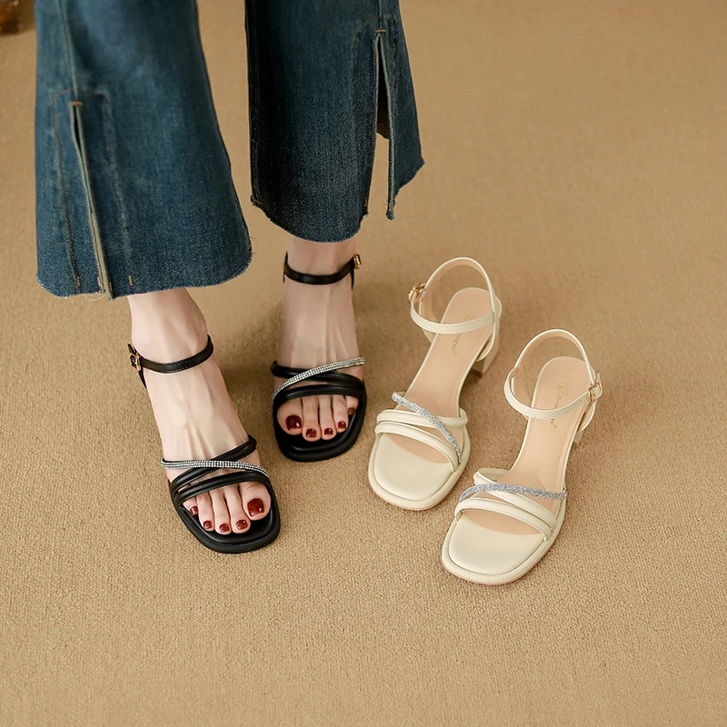 凉鞋女款2025新款爆款纯色仙女风中式凉鞋水钻女粗跟法式女鞋羊皮