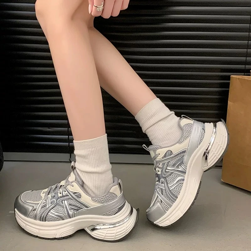 201银色老爹鞋女2025夏新款厚底松糕透气显脚小运动鞋复古跑步鞋