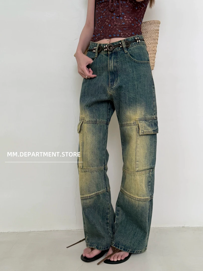 11kn@美式复古做旧拼接牛仔裤重工水系多口袋工装裤直筒九分长裤