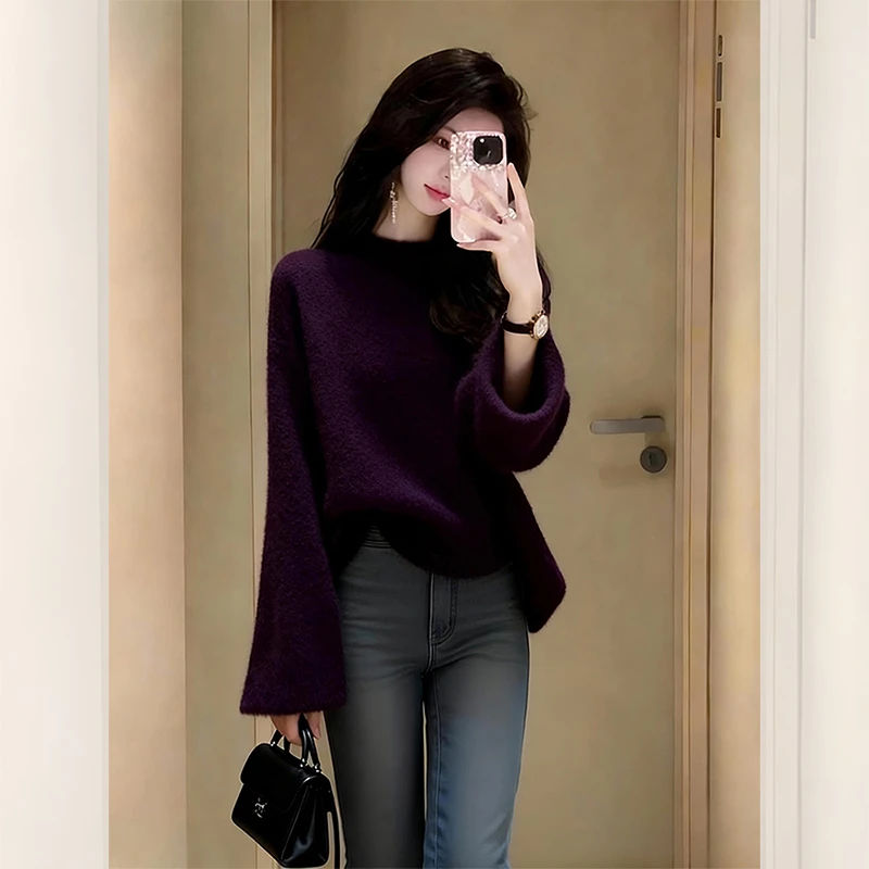 别致独特漂亮内搭紫色小衫打底毛衣女装秋冬洋气高贵针织衫上衣服