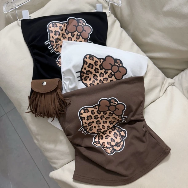 夏季oversize风短袖猫咪T恤潮流速干豹纹抹胸