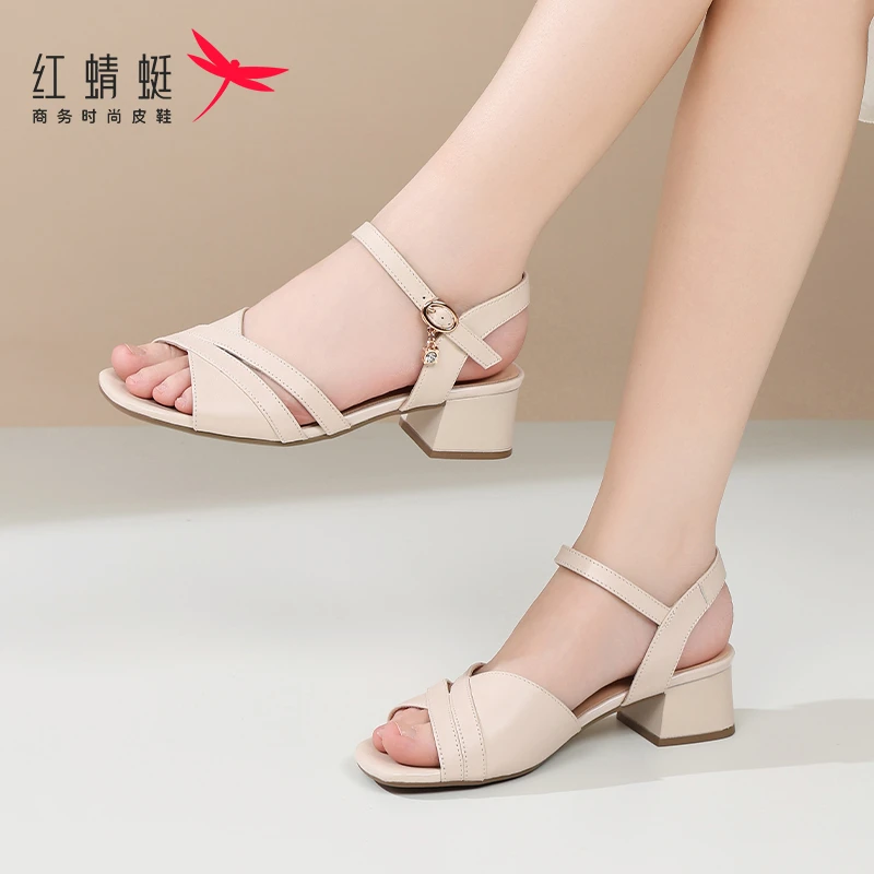红蜻蜓女士小高跟凉鞋女夏季2025新款外穿真皮夏天绝美不累脚单鞋