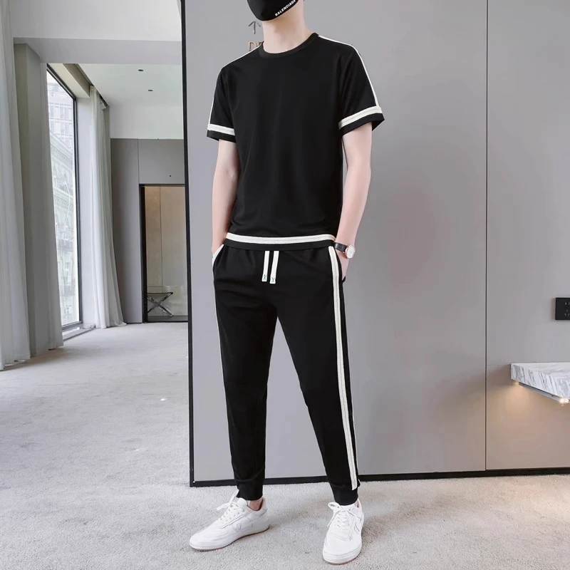 高级感男装冰丝短袖男t恤休闲运动套装新款时尚潮流痞帅两件套夏