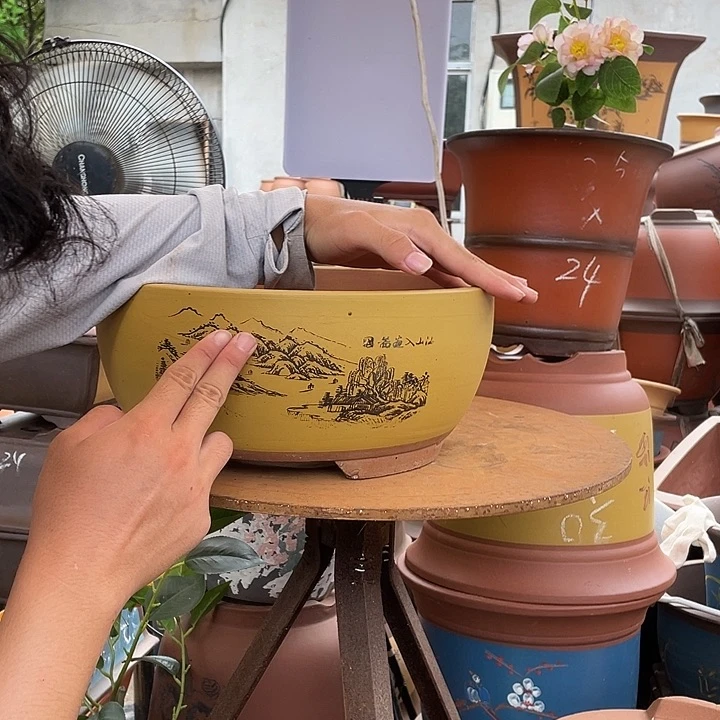 黄色江山如画中号花盆紫砂花盆紫砂