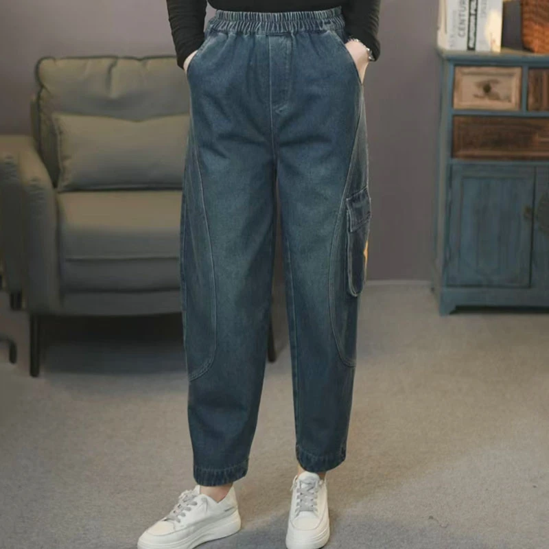 6806蓝#2025春季复古显瘦牛仔直筒裤松紧腰时尚拖地梧桐裤