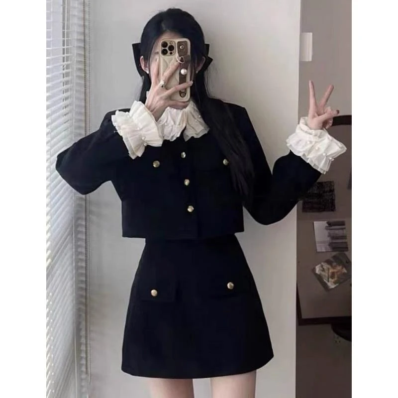 小香风黑色时尚套装裙女2025春秋新款富家千金风半身短裙两件套