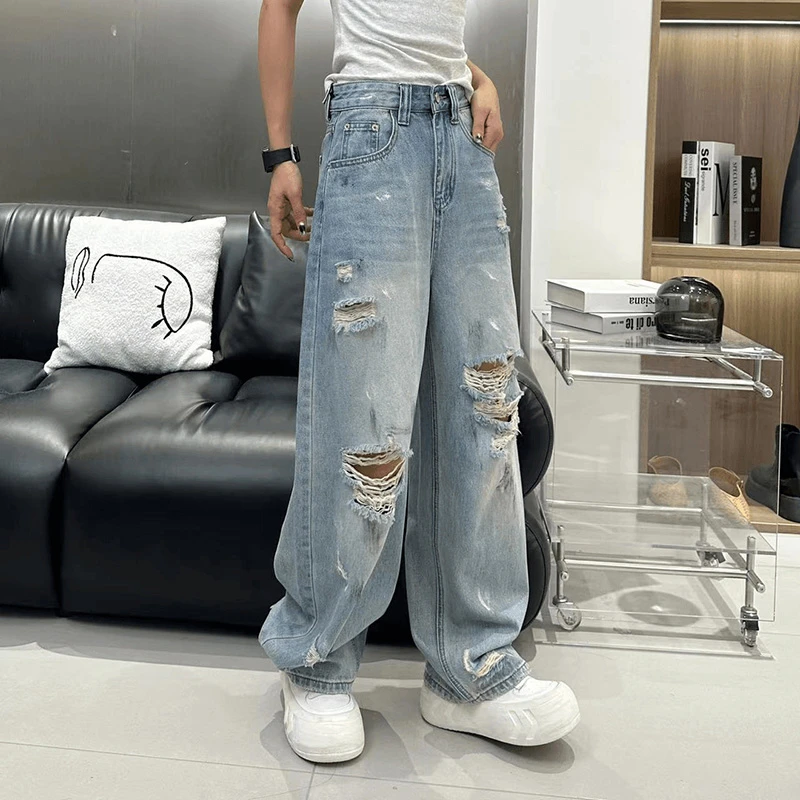 怀旧蓝破洞牛仔裤女夏季薄款2024新款高腰显瘦时尚宽松百搭阔腿裤